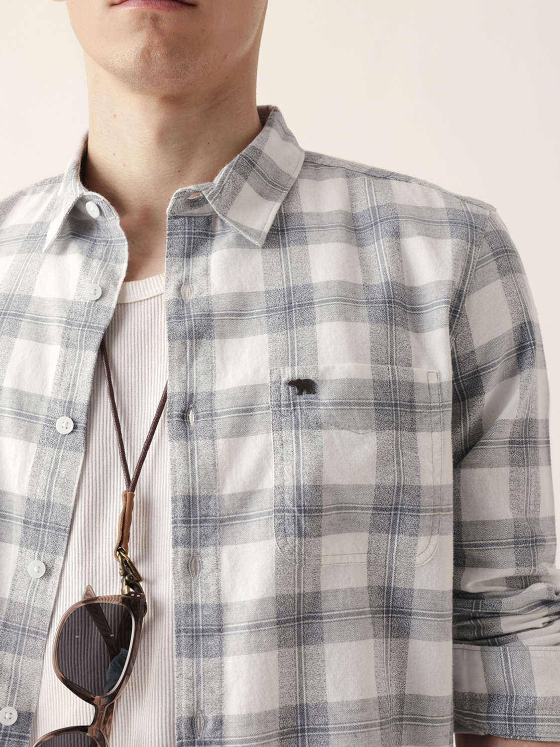 Image of THE BEAR HOUSE Men Checkered Casual Grey Shirt