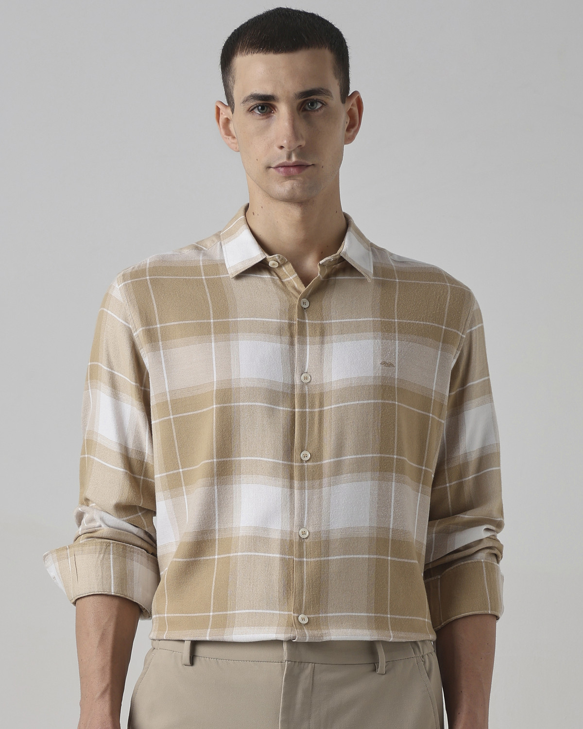 Image of MUFTI Men Checkered Casual Beige Shirt