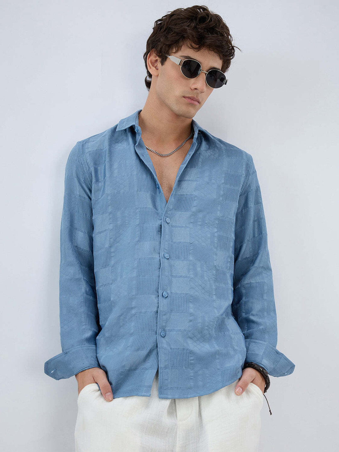 Image of VASTRADO Men Self Design Casual Blue Shirt