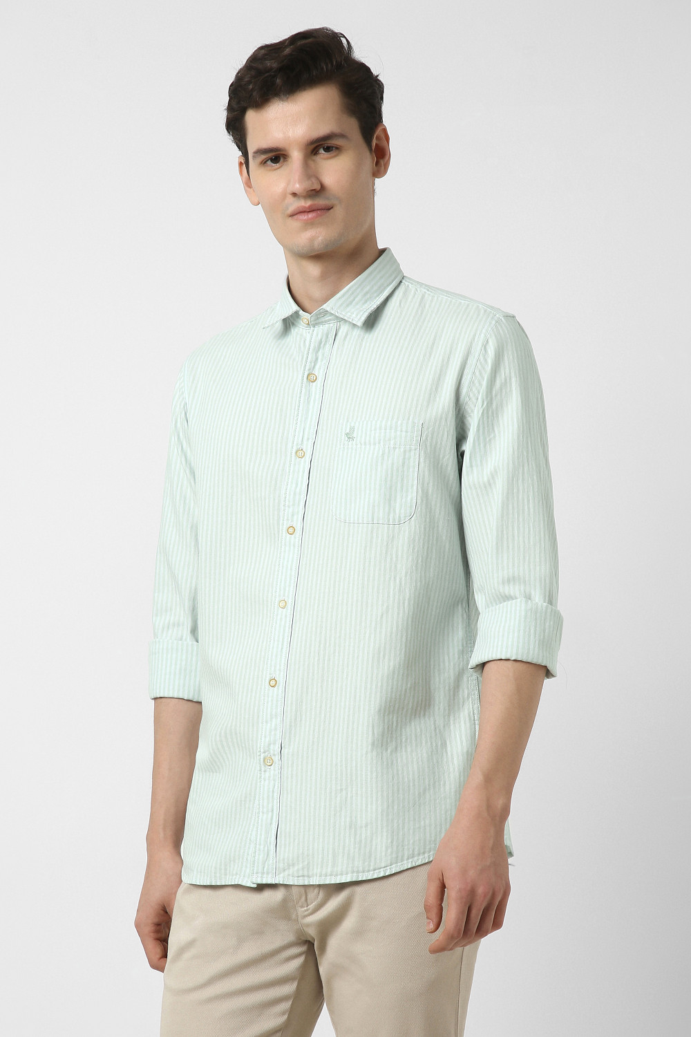 Image of PETER ENGLAND Men Striped Casual Light Green Shirt