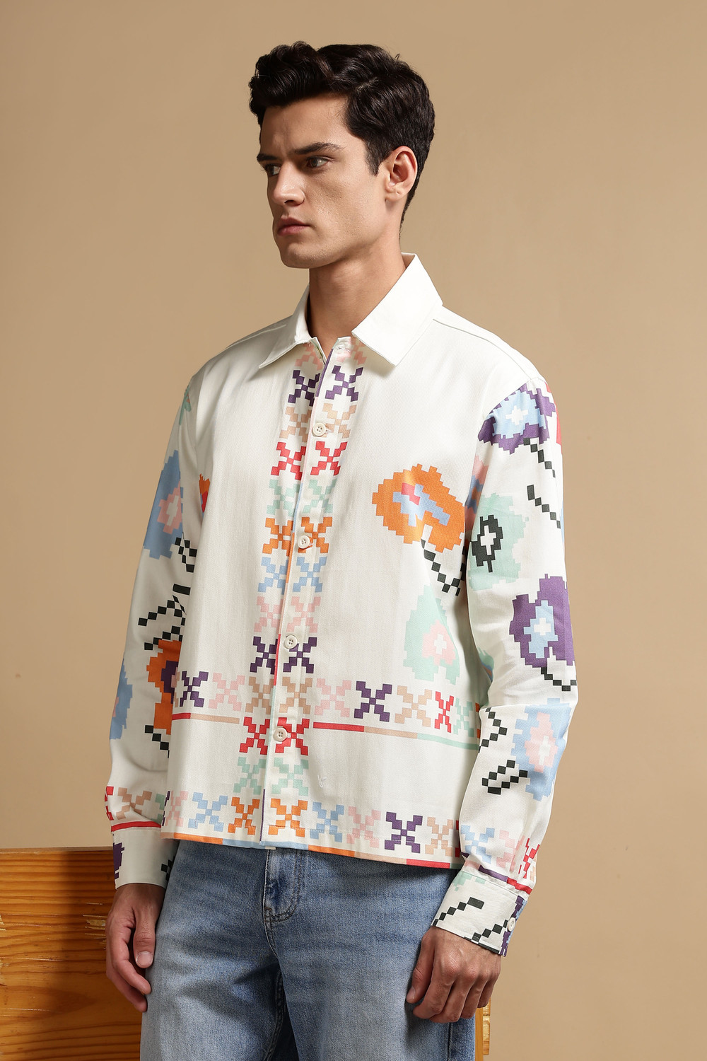 Image of Eszett Men Printed Casual Cream Shirt