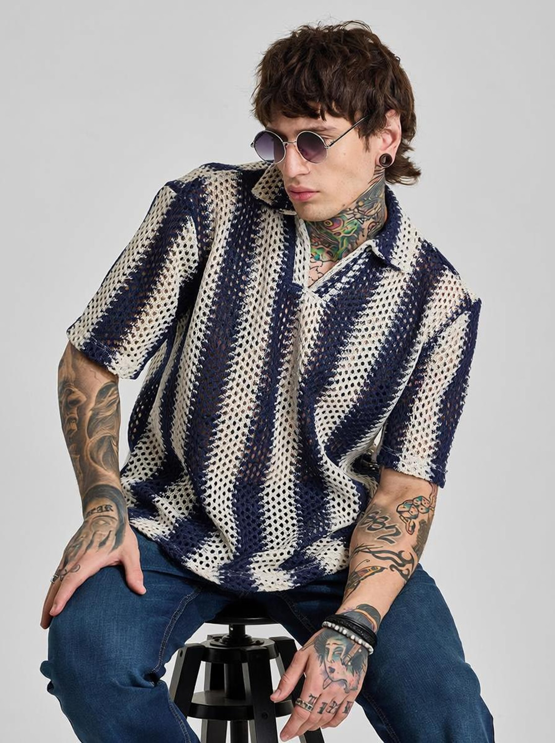 Image of Snitch Men Striped Casual Blue Shirt