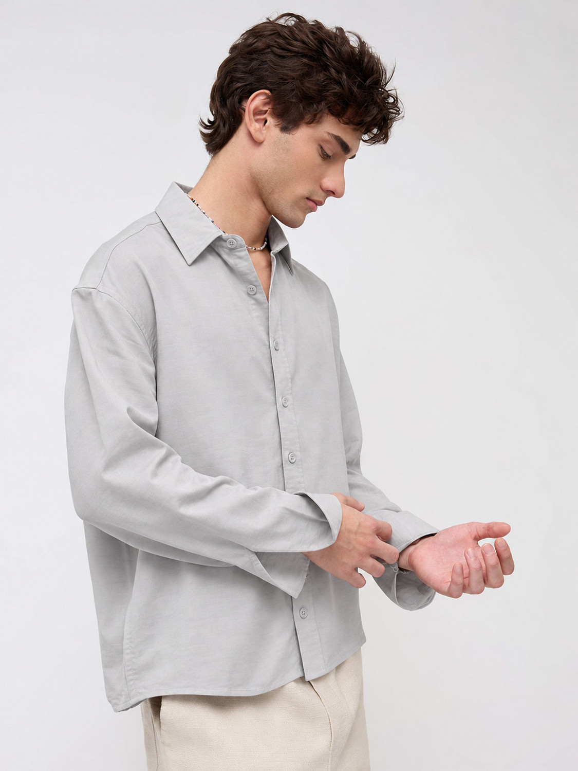 Image of WE KAIKA Men Solid Casual Grey Shirt