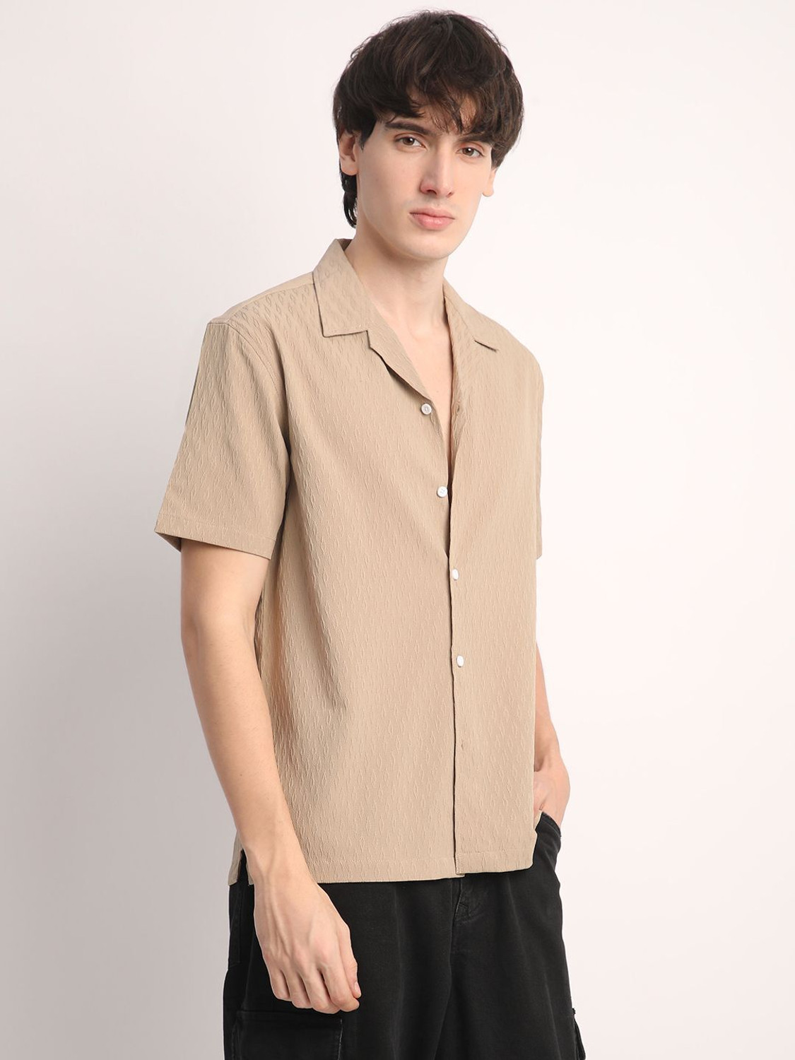 Image of Voroxy Men Self Design Casual Khaki Shirt