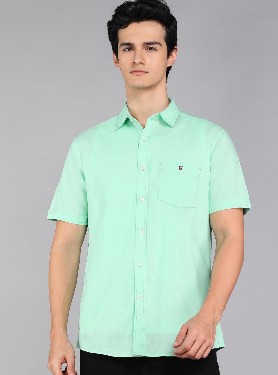 Image of Louis Philippe Jeans Men Solid Casual Light Green Shirt