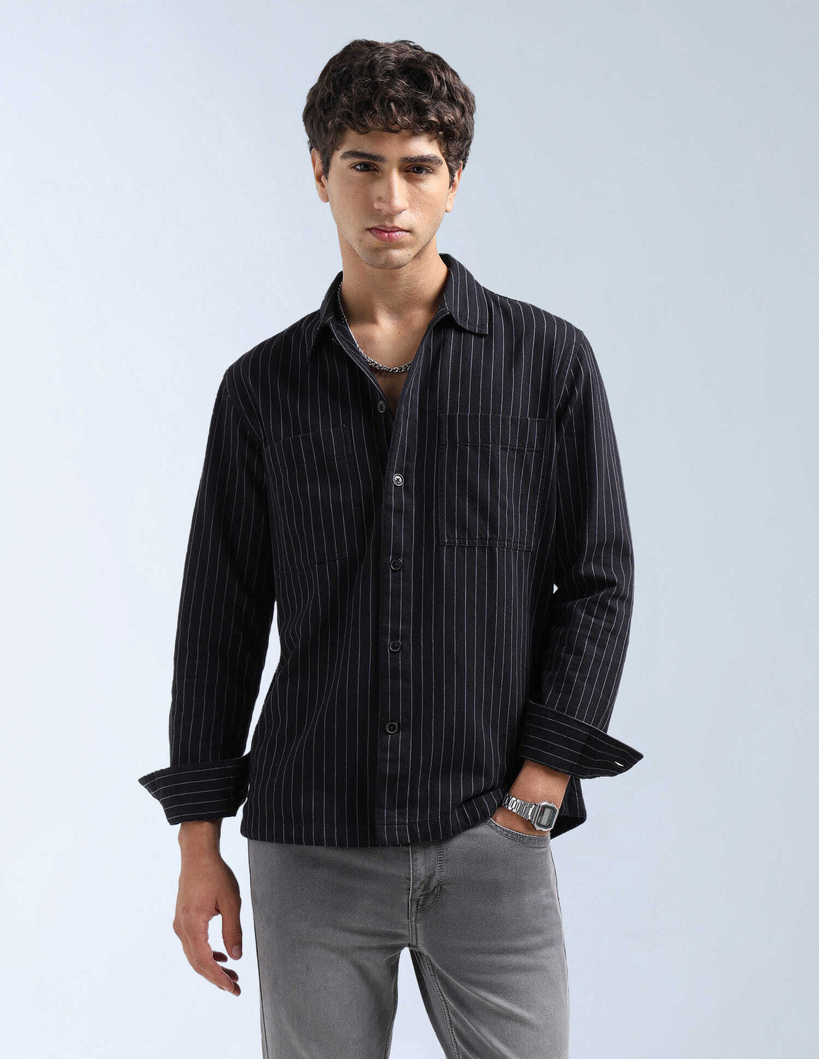 Image of FLYING MACHINE Men Striped Casual Black Shirt