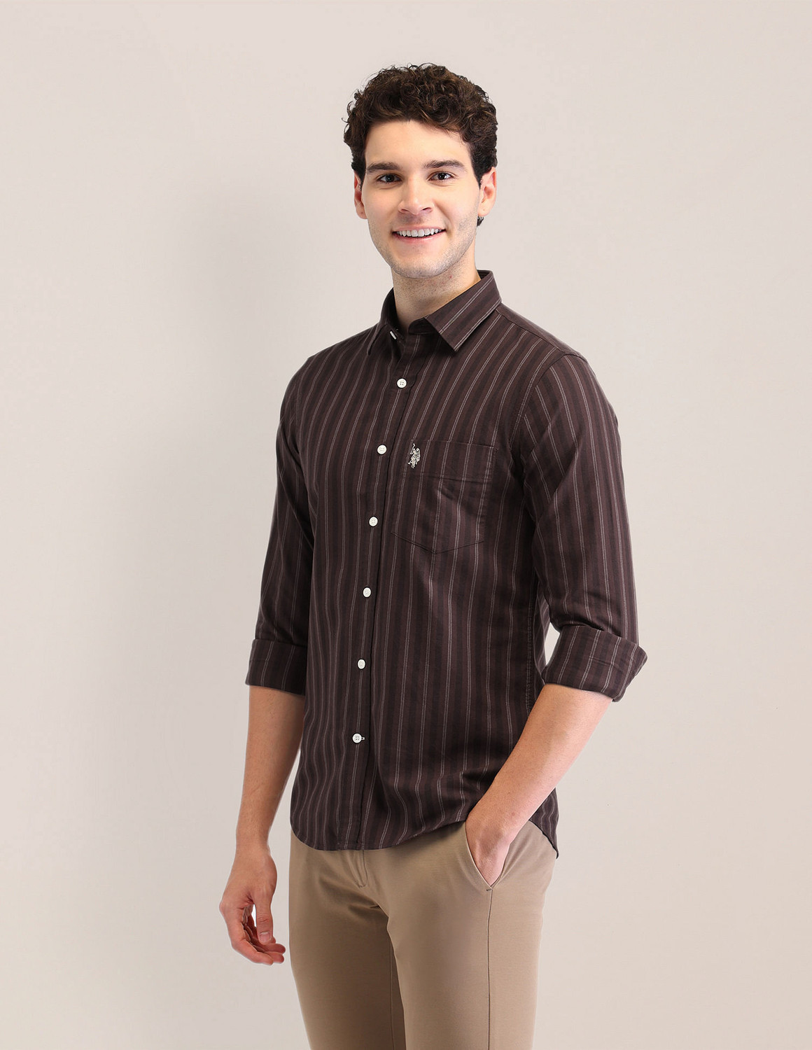 Image of U.S. POLO ASSN. Men Striped Casual Brown Shirt