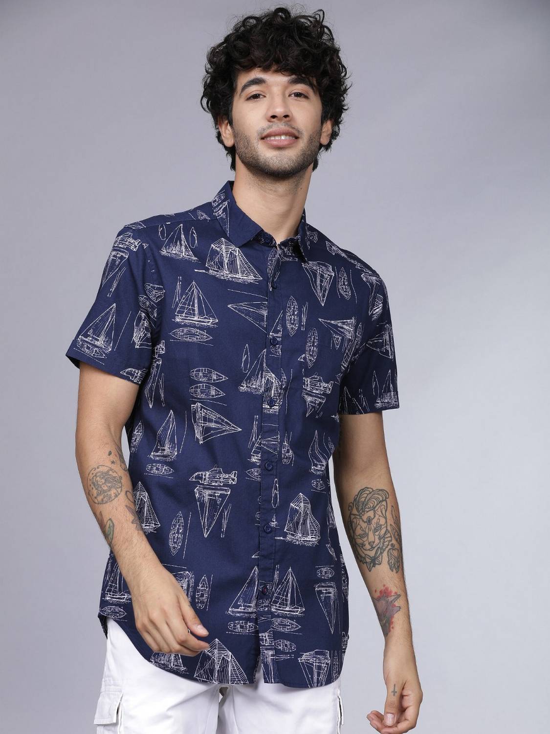 ANIRAV Men Printed Casual Dark Blue, White Shirt