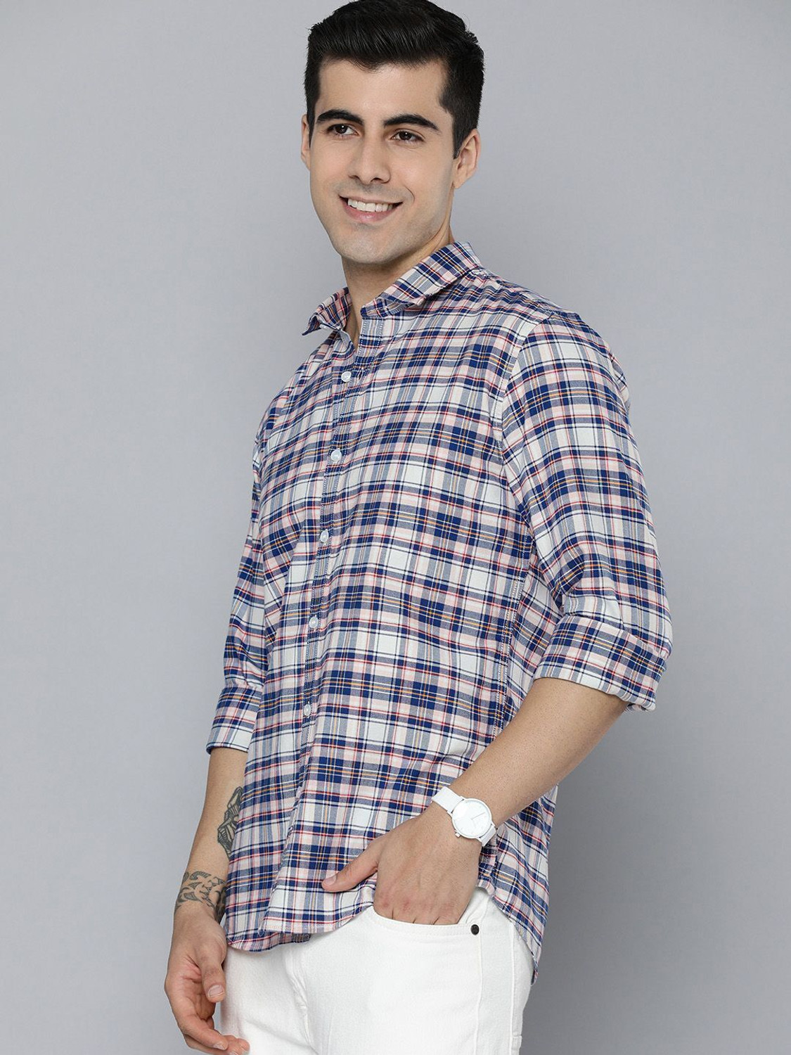 Image of Mast & Harbour Men Checkered Casual Blue Shirt