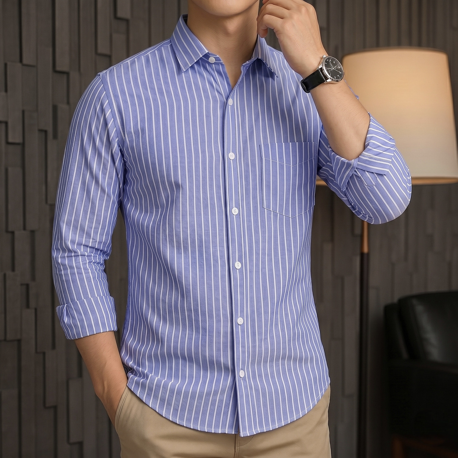 Image of indossare Men Regular Fit Striped Spread Collar Formal Shirt