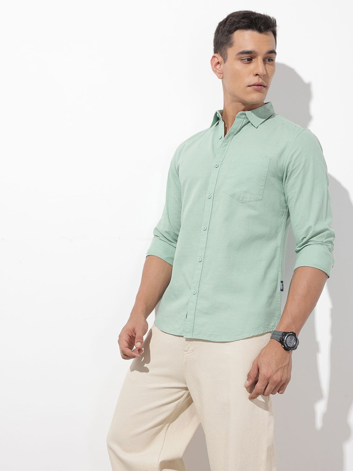 Image of Roadster Men Solid Casual Green Shirt