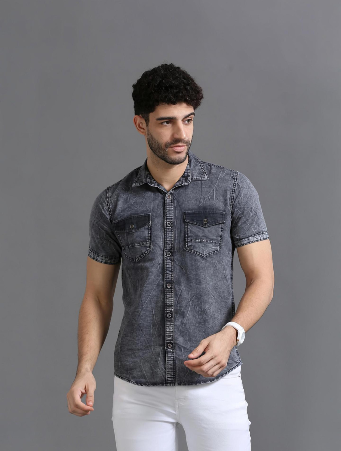 Image of PRINTOUT Men Solid Casual Grey Shirt