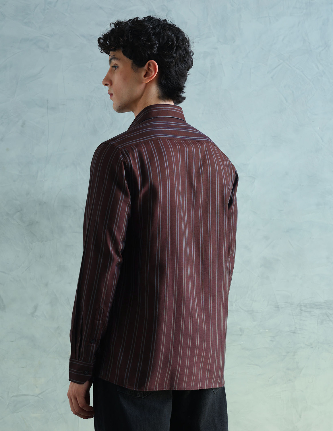 Image of ARROW Men Striped Formal Brown Shirt