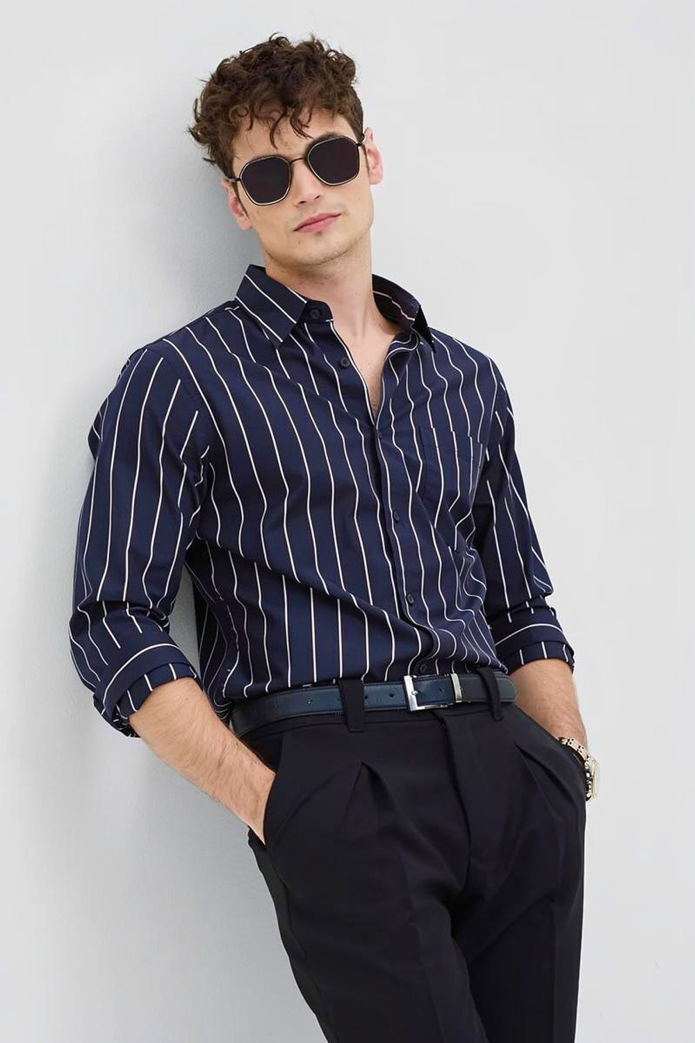 Image of RODEIZ Men Striped Casual Blue Shirt