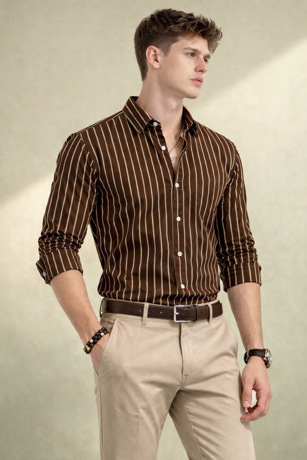 Image of FUBAR Men Striped Casual Brown Shirt