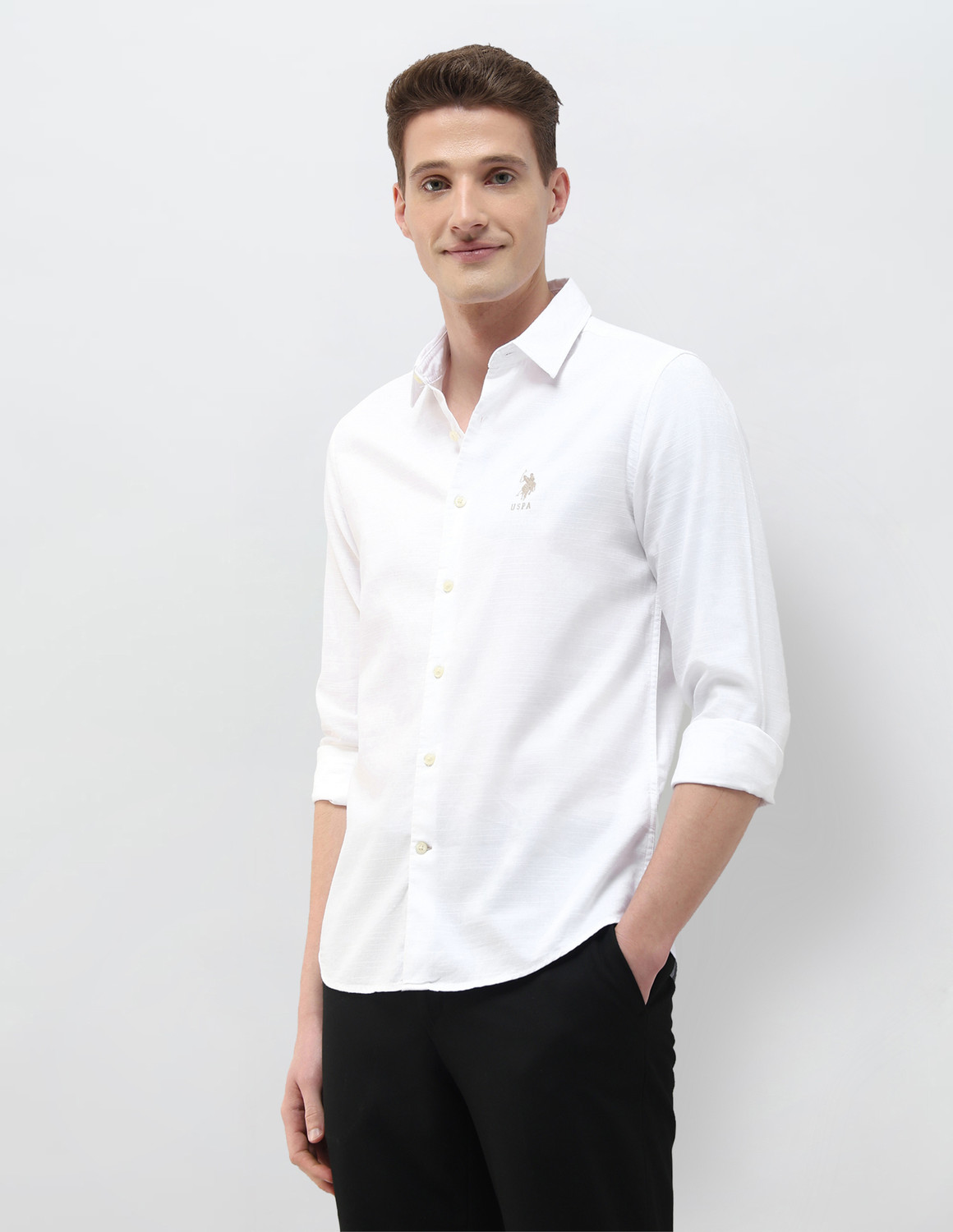 Image of U.S. Polo Assn. Denim Co. Men Solid Casual White Shirt