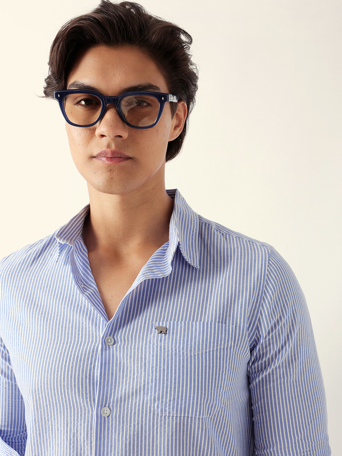 Image of THE BEAR HOUSE Men Striped Casual Blue Shirt
