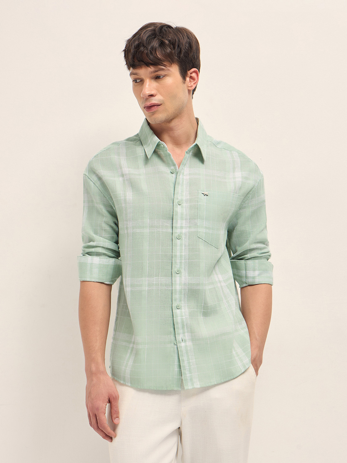 Image of THE BEAR HOUSE Men Checkered Casual Green Shirt