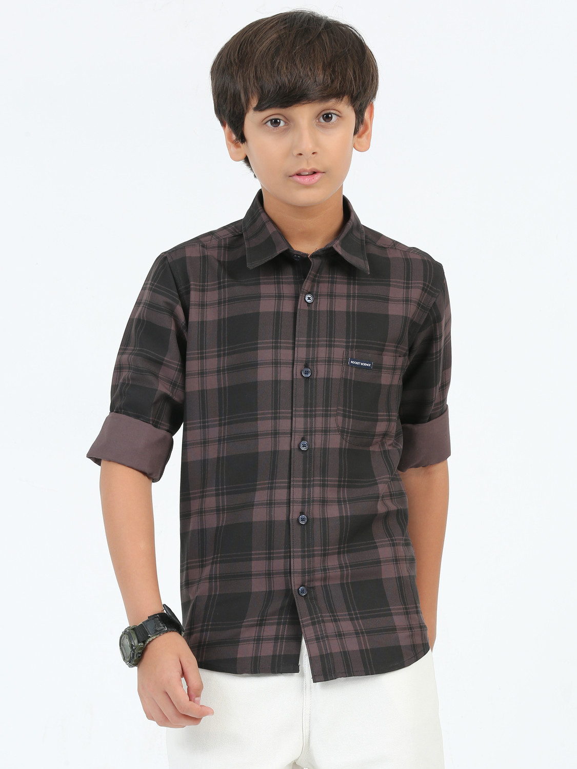 Image of ROCKET SCIENCE Boys Checkered Casual Brown, Black Shirt