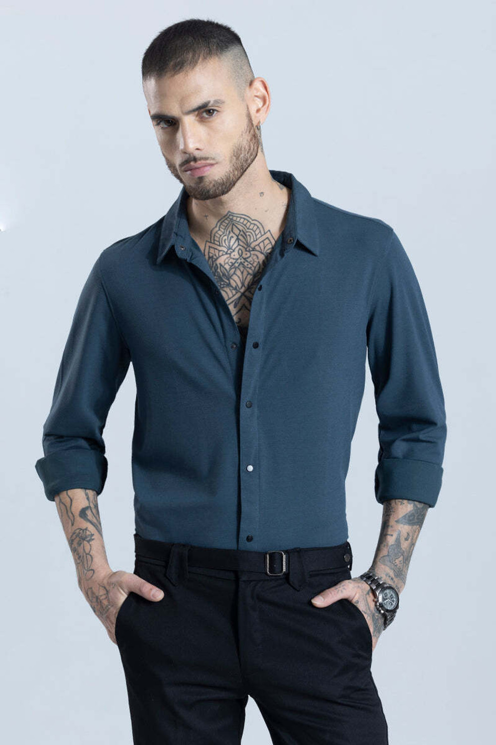 Image of Snitch Men Solid Formal Blue Shirt