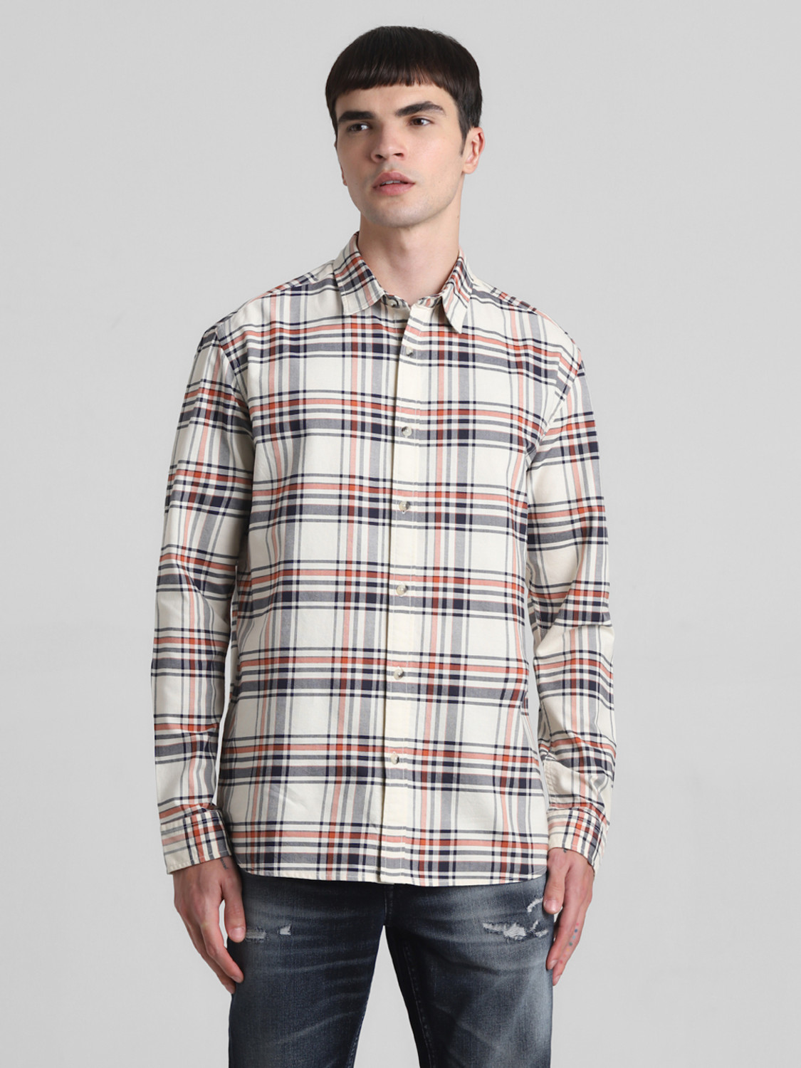 Image of JACK & JONES Men Checkered Casual White Shirt