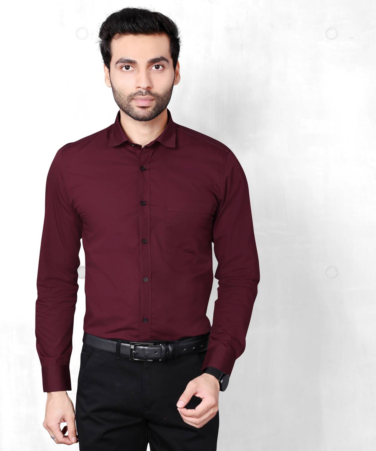 5TH ANFOLD Men Solid Formal Maroon Shirt