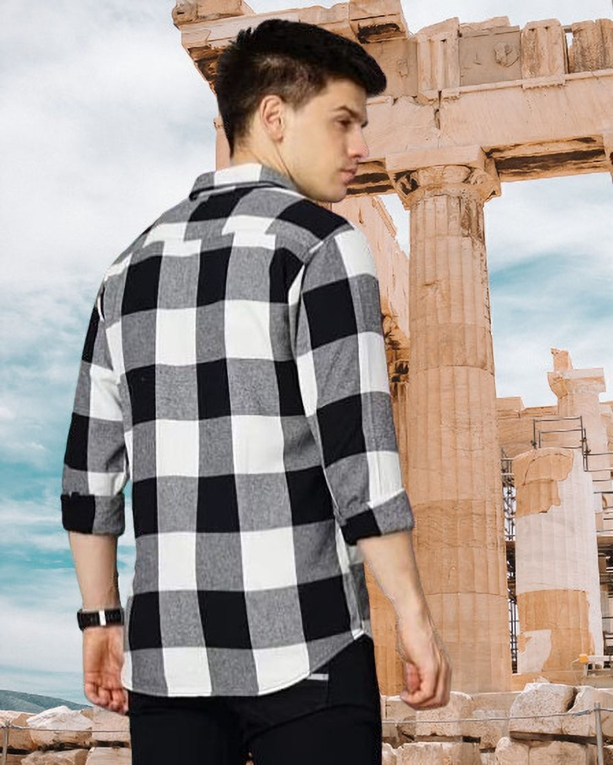 Image of Tkgfashion Men Checkered Casual Black, White Shirt