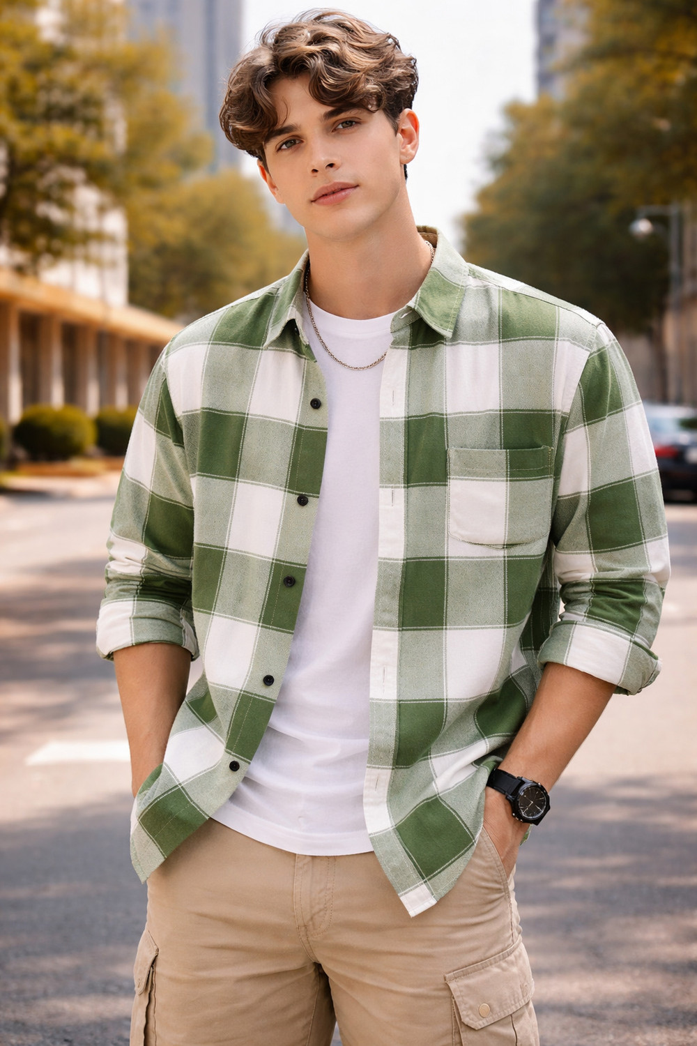 Image of FalconWear Men Checkered Casual Green, White Shirt