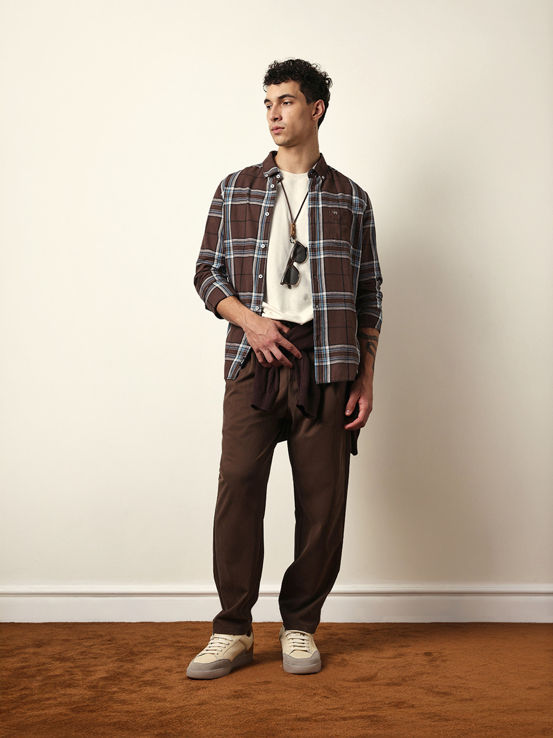 Image of THE BEAR HOUSE Men Checkered Casual Brown Shirt