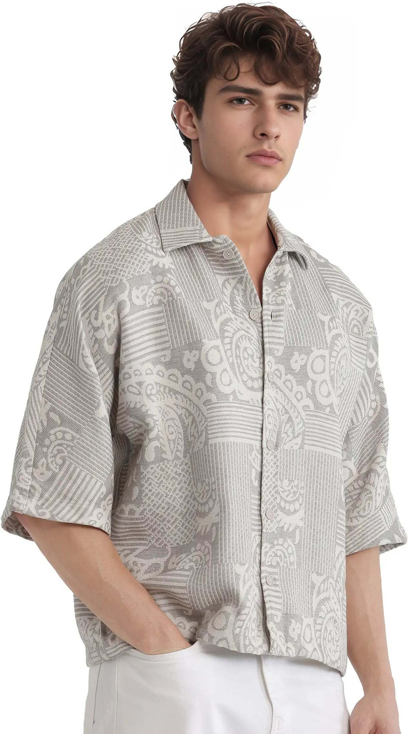 Image of RARE RABBIT Men Printed Casual Grey Shirt
