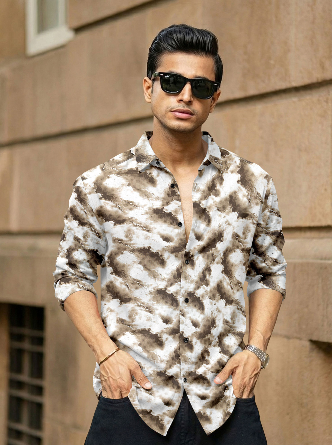 Image of SANBROS Men Printed Casual Beige, White Shirt