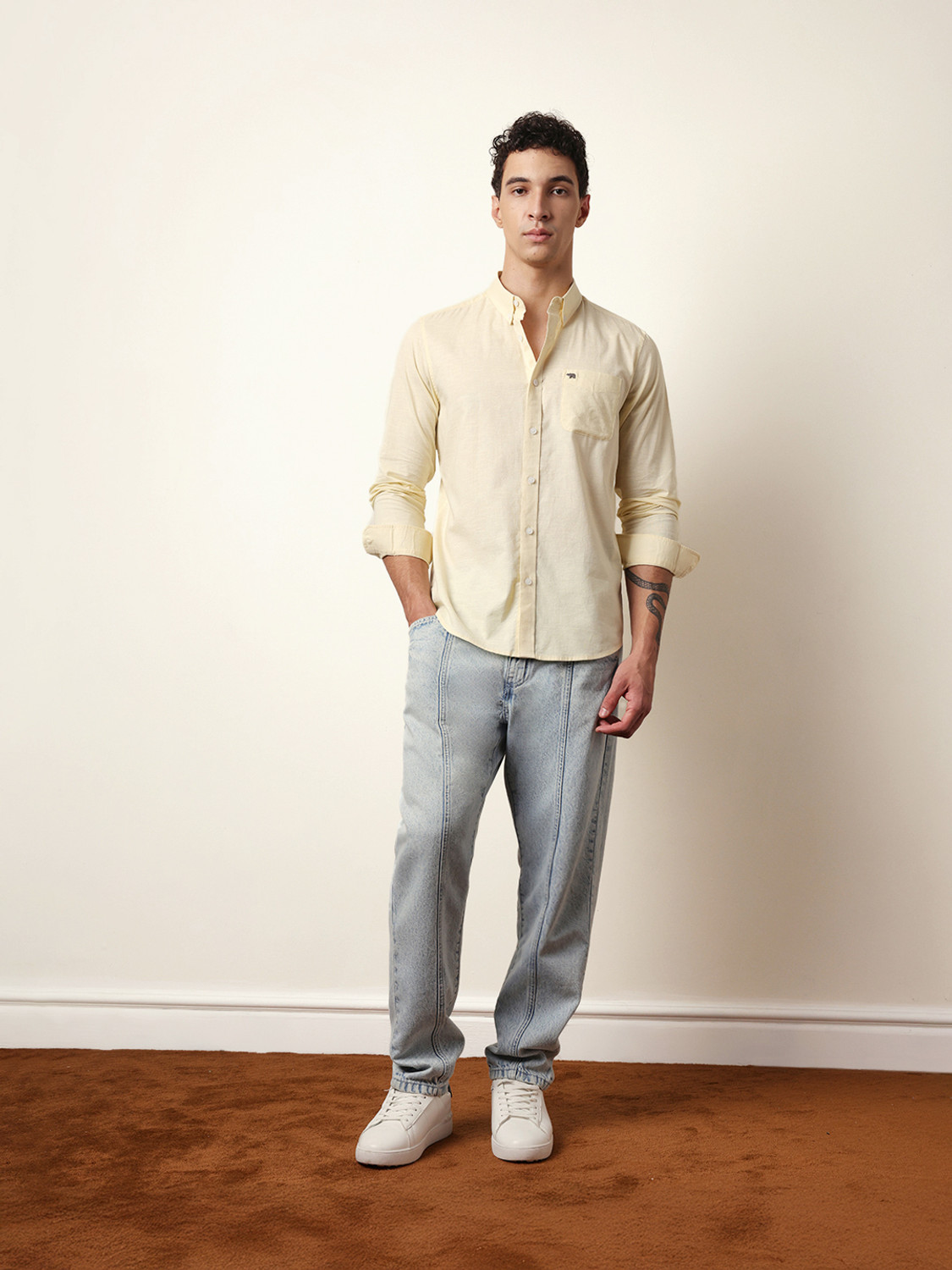 Image of THE BEAR HOUSE Men Solid Casual Yellow Shirt