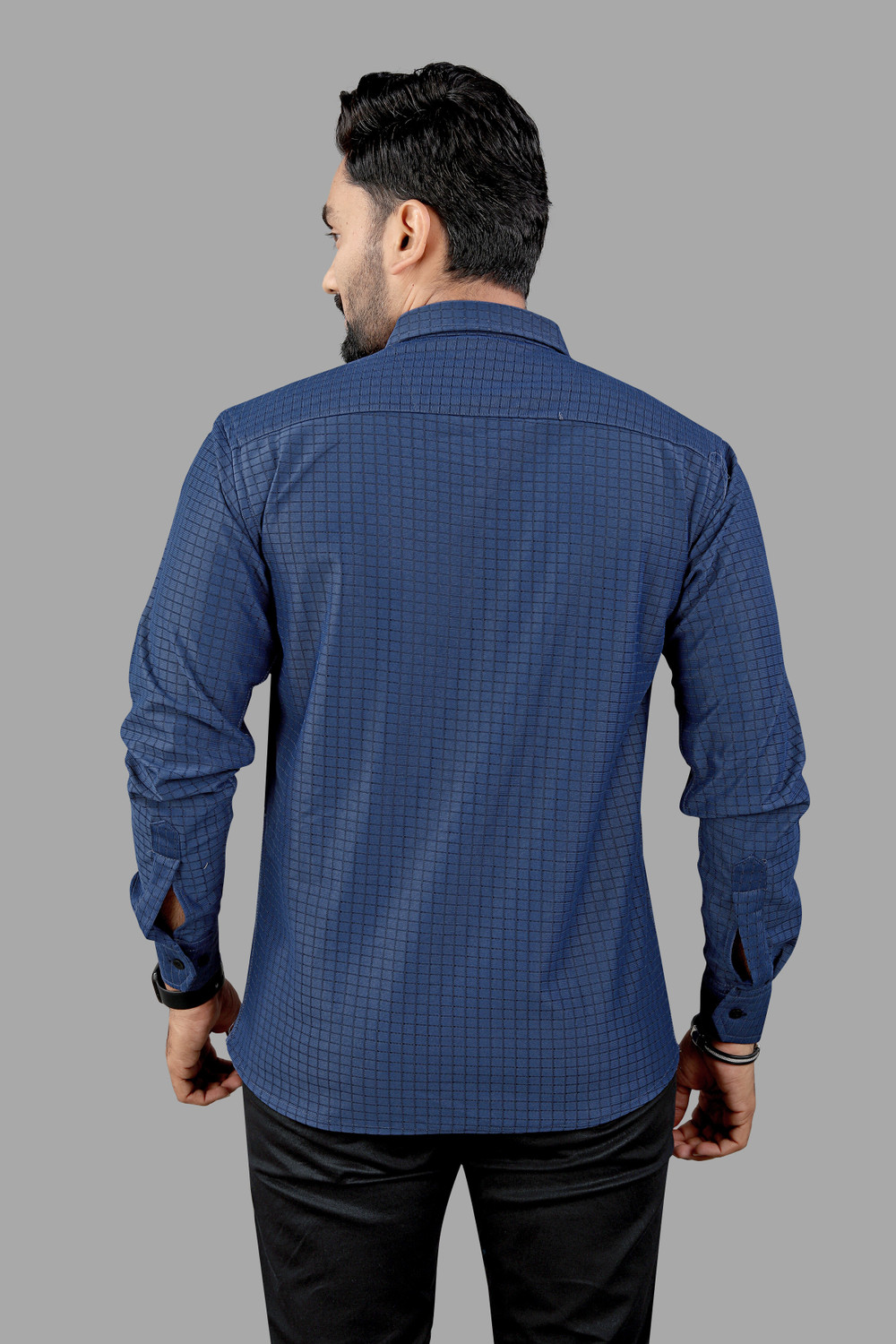 Image of VELLOSTA Men Checkered Casual Dark Blue Shirt