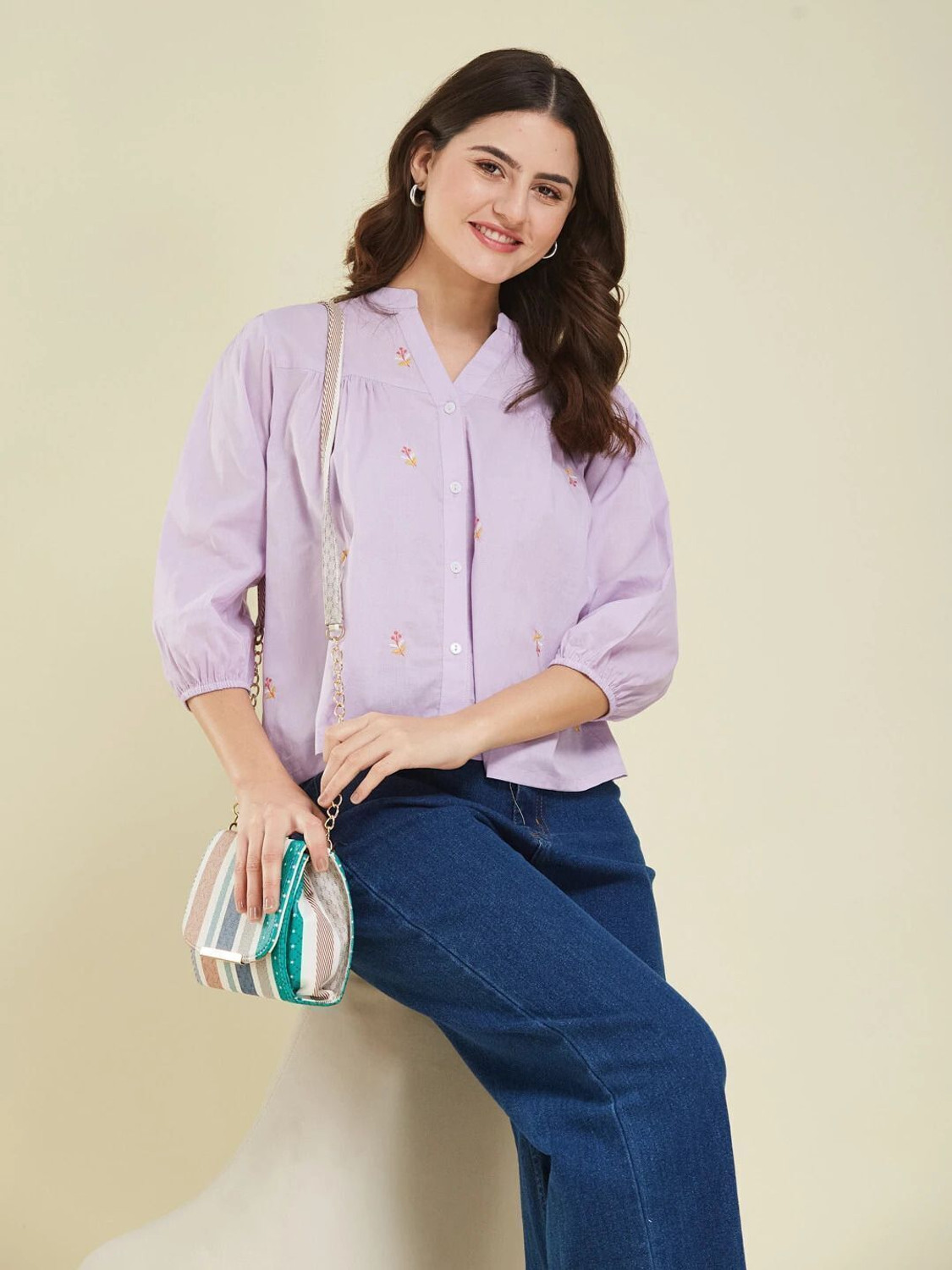 Image of J TURRITOPSIS Women Embroidered Casual Purple Shirt