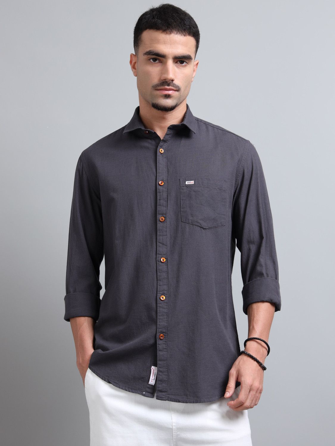 Image of U.S. Pitchers Men Solid Casual Grey Shirt