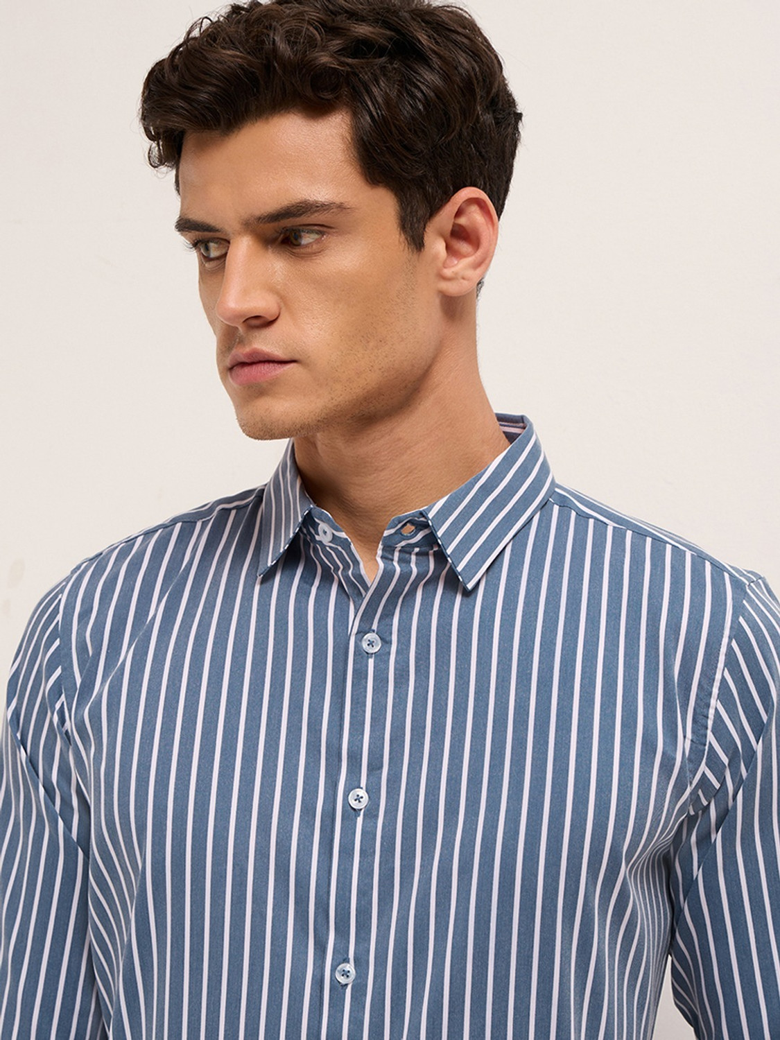 Image of MISCHIEF Monkey Men Striped Casual Blue Shirt