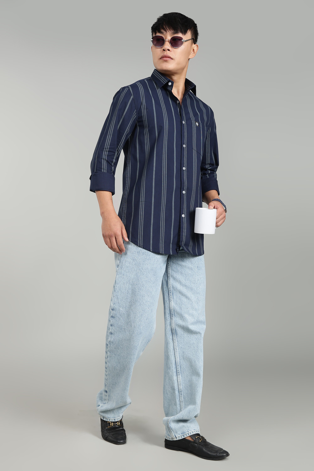 Image of sti Men Striped Casual Dark Blue Shirt