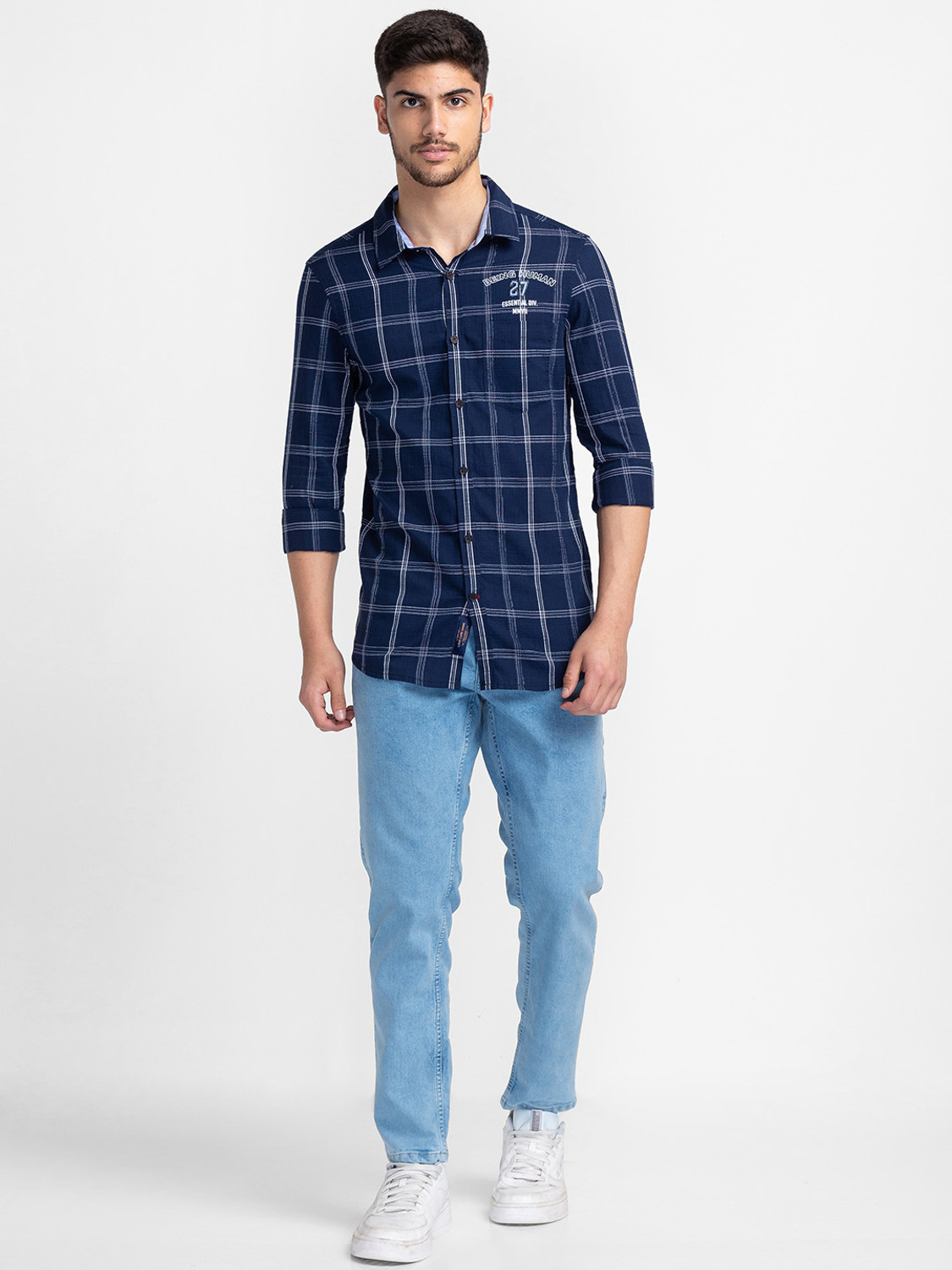 Image of BEING HUMAN Men Checkered Casual Dark Blue Shirt