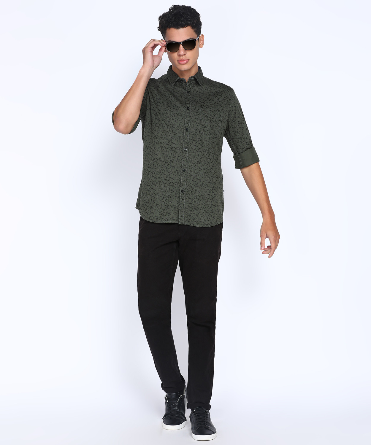 Image of PARX Men Floral Print Casual Dark Green Shirt