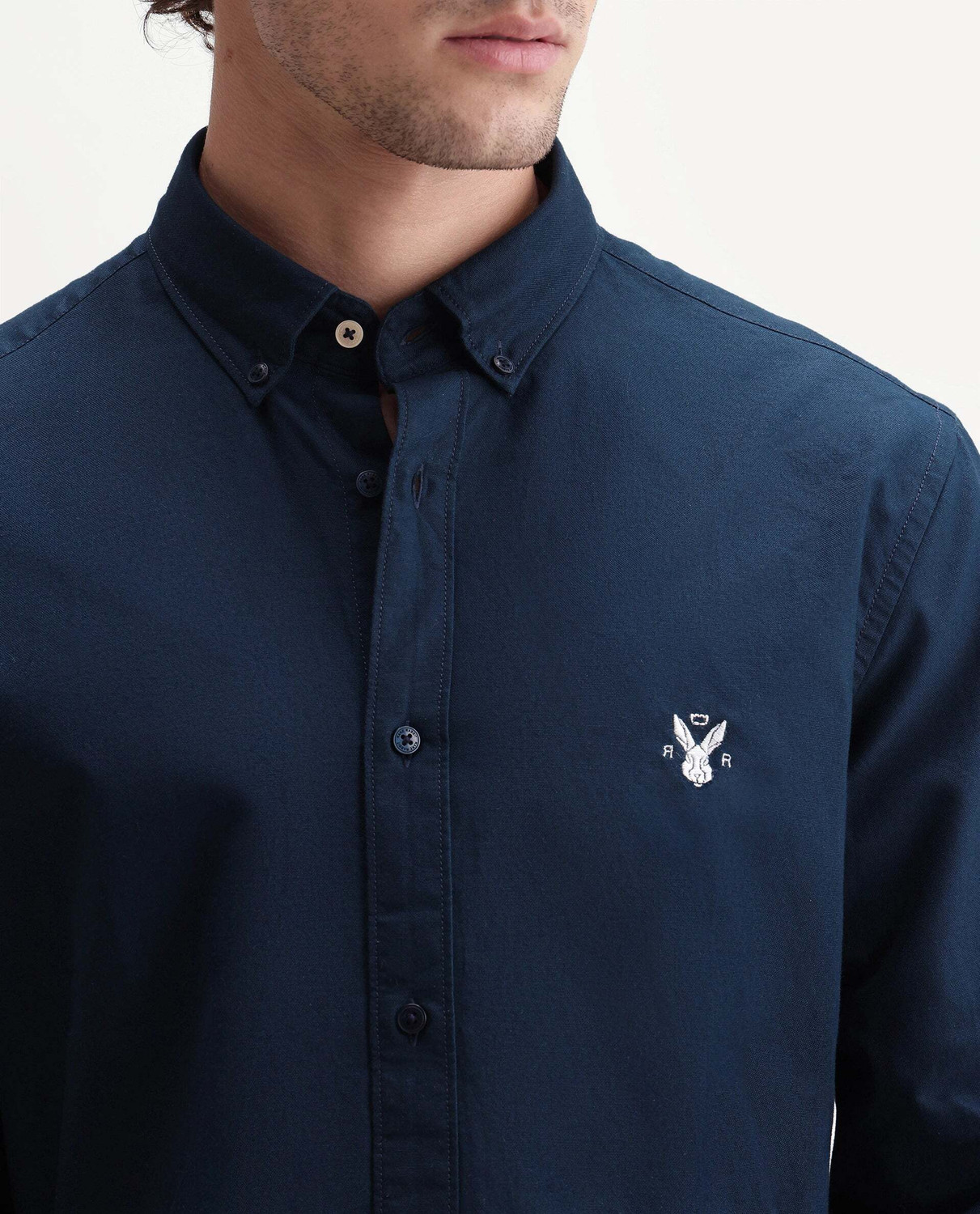 Image of RARE RABBIT Men Solid Casual Dark Blue Shirt