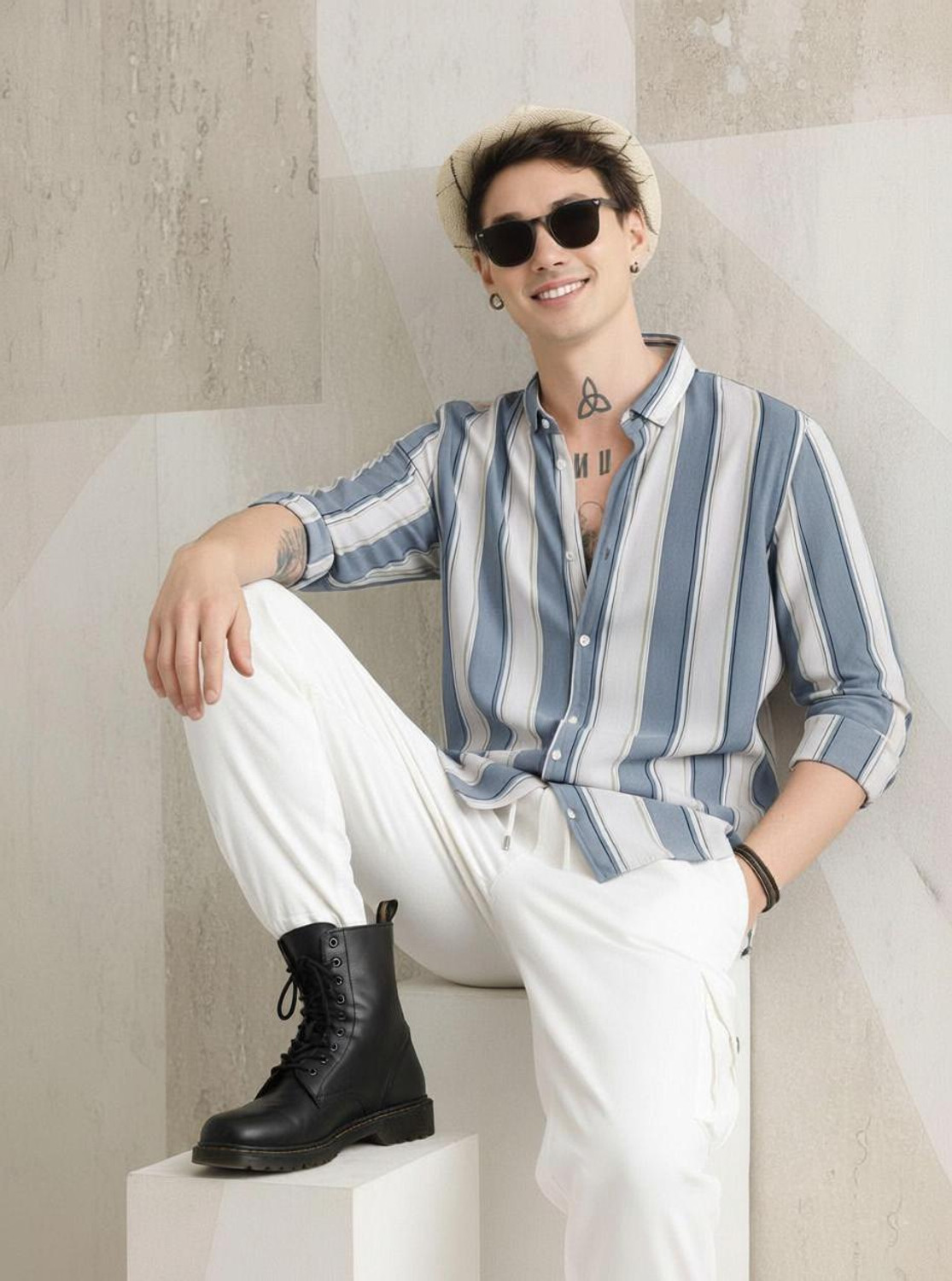 Image of DJFOX Men Striped Casual Light Blue Shirt