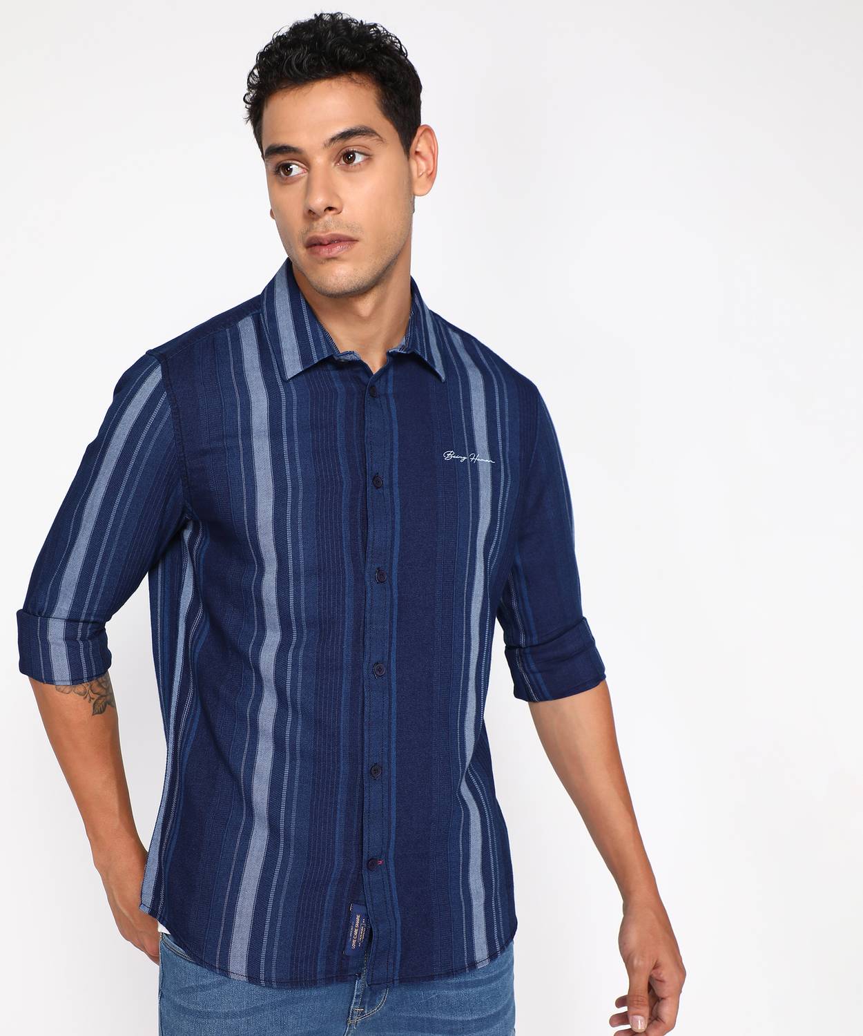 BEING HUMAN Men Striped Casual Blue Shirt