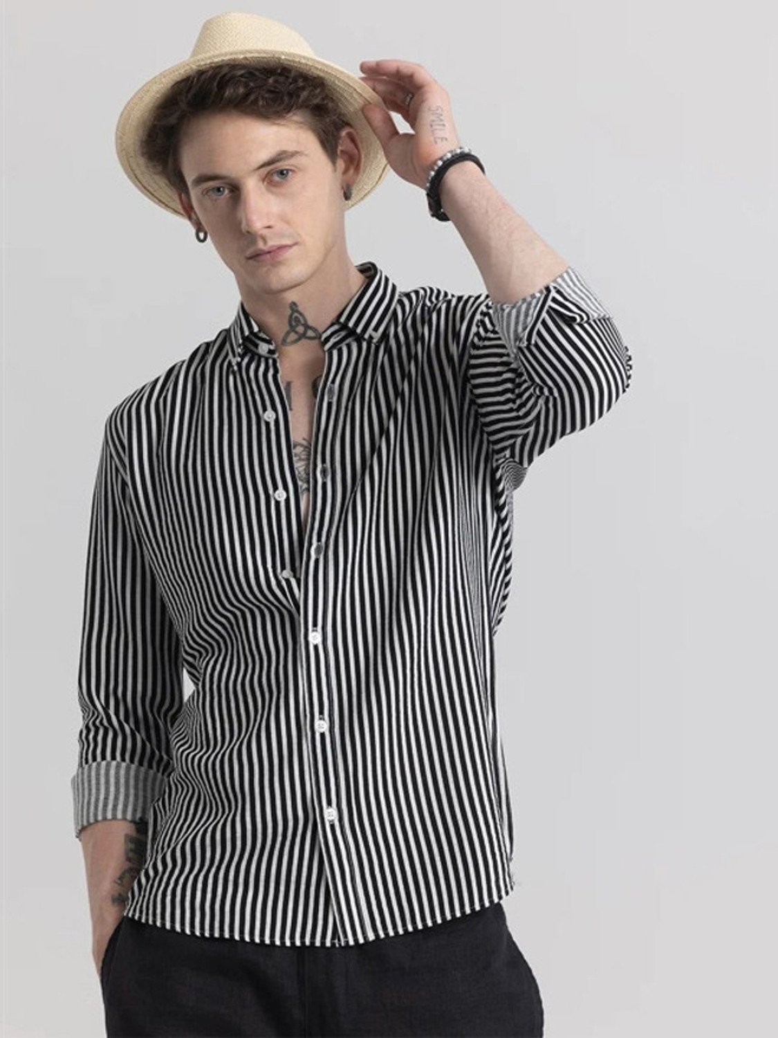 Image of rockstar z Men Striped Casual Black, White Shirt