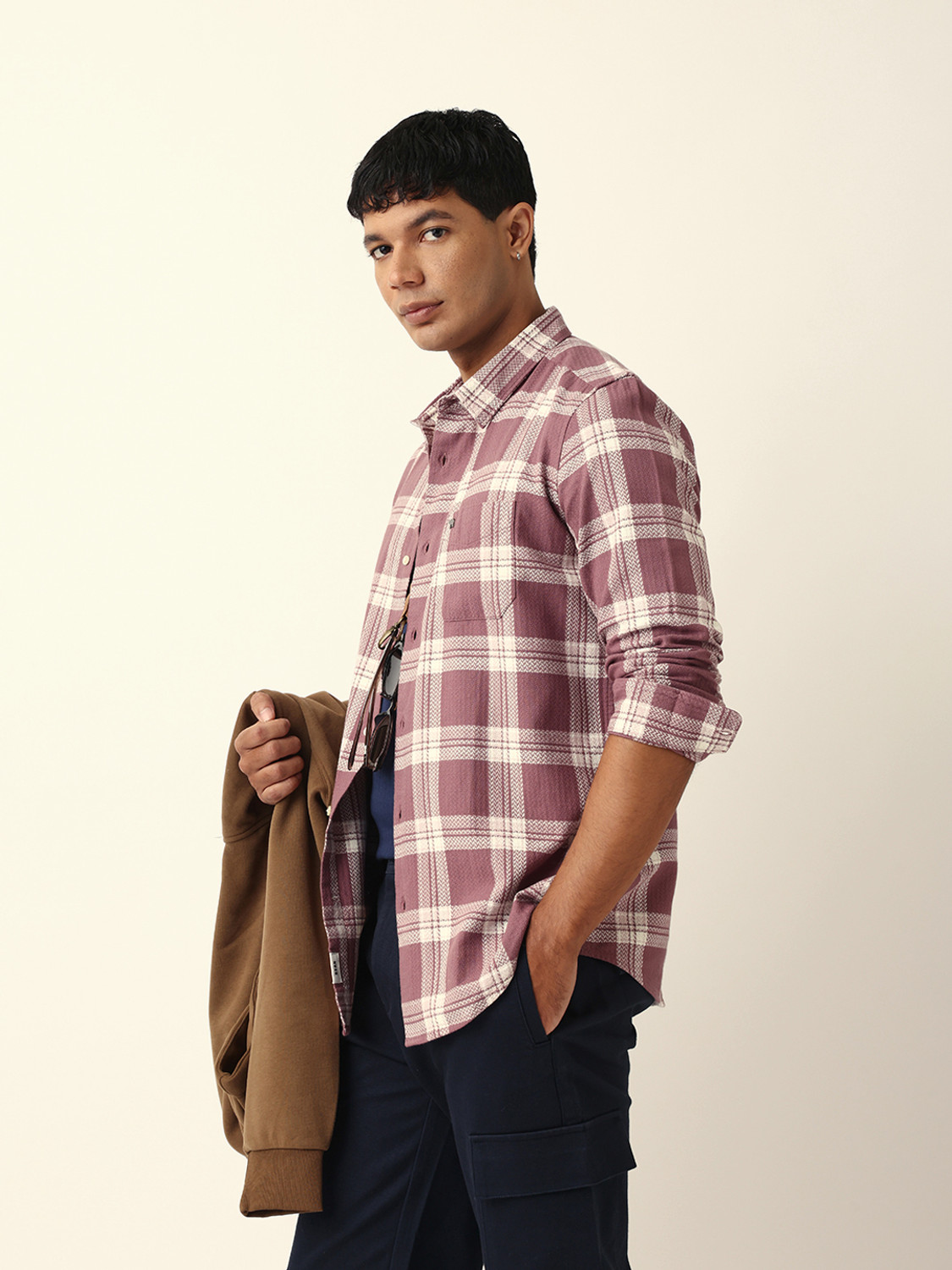 Image of THE BEAR HOUSE Men Checkered Casual Purple, White Shirt
