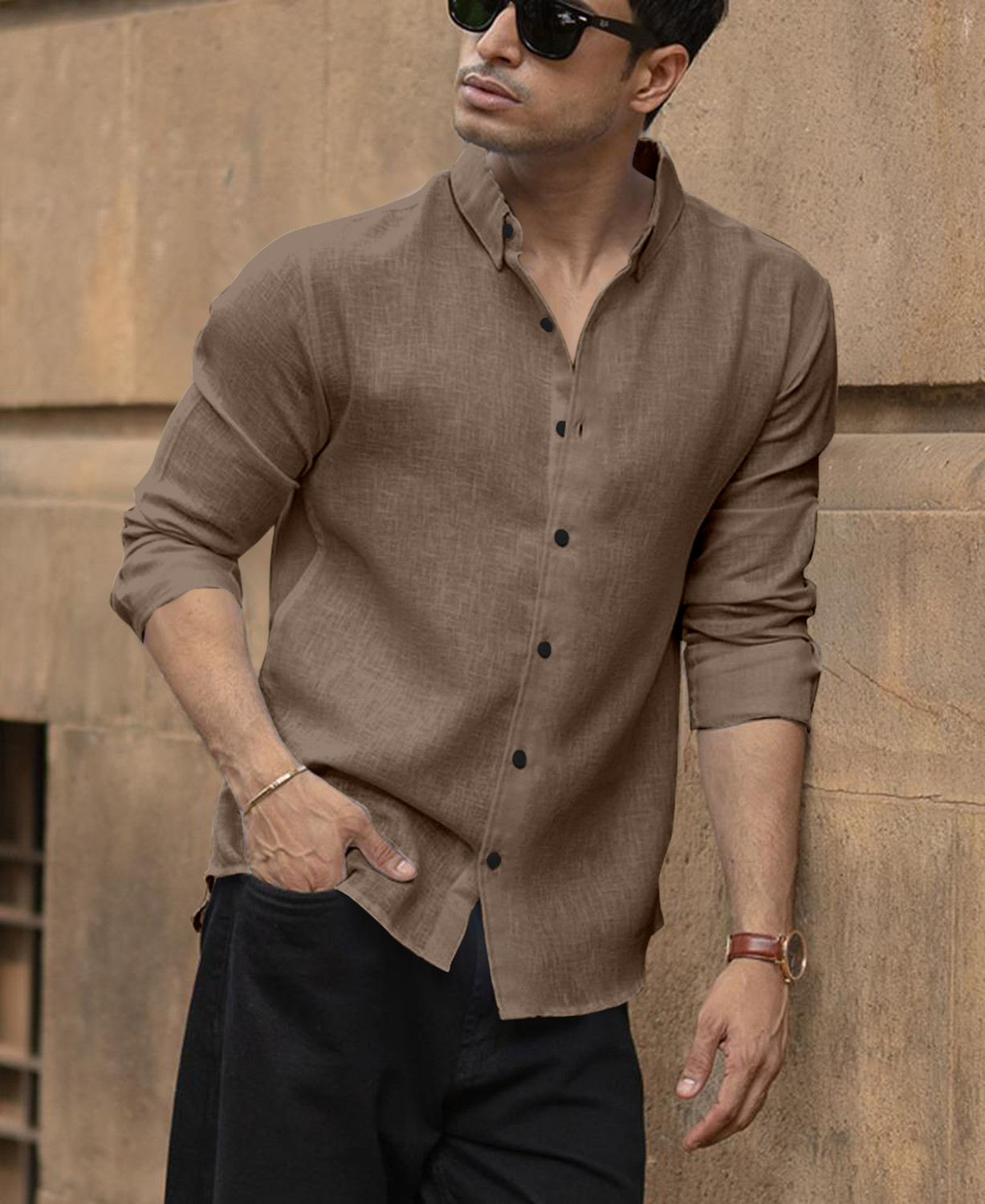 Image of savani taxtile industries Men Solid Casual Khaki Shirt