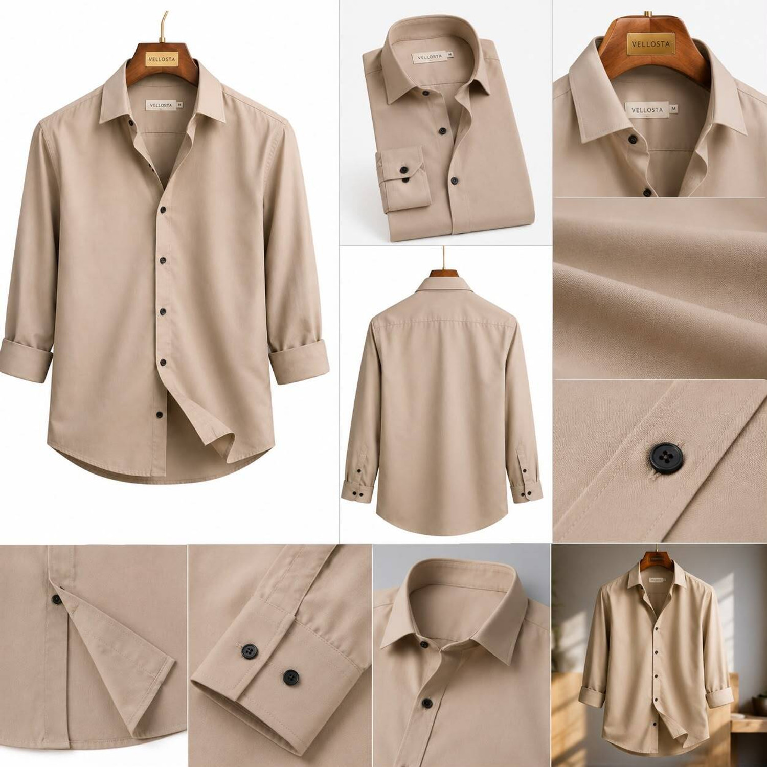 Image of VELLOSTA Men Solid Casual Beige Shirt