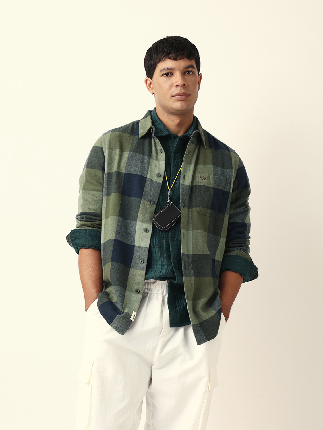 Image of THE BEAR HOUSE Men Checkered Casual Green Shirt