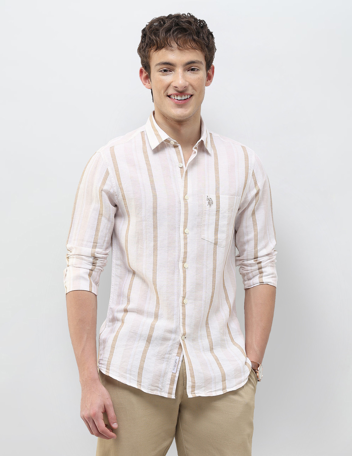 Image of U.S. POLO ASSN. Men Striped Casual Beige Shirt