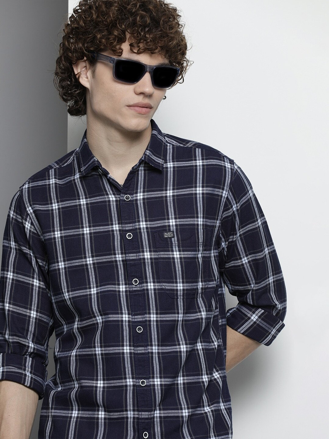 Image of The Indian Garage Co. Men Checkered Casual Dark Blue Shirt