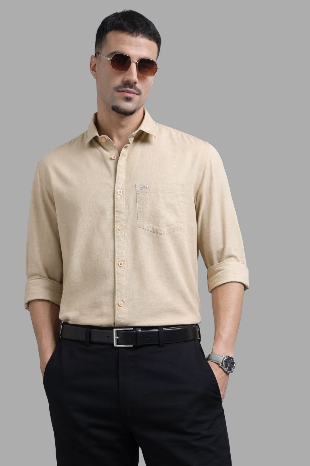 Image of U.S. Pitchers Men Solid Formal Beige Shirt